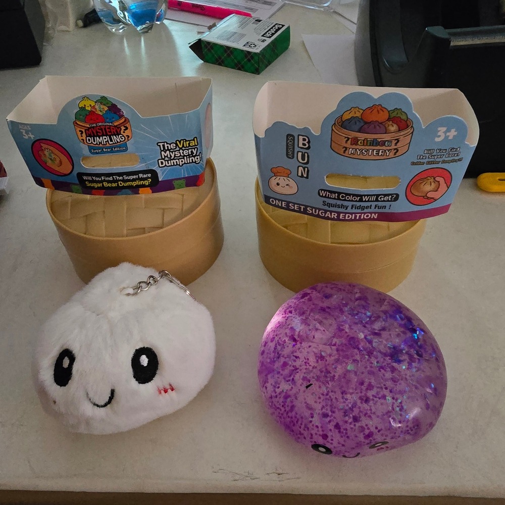 Mystery Dumpling Sugar Bear Plush & Rainbow Mystery Squishy Bun Fidget Set